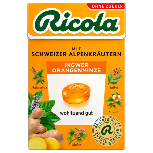Ricola Ingefær Appelsin Mynte u/sukker 50 g.MHT.30-09-2026
